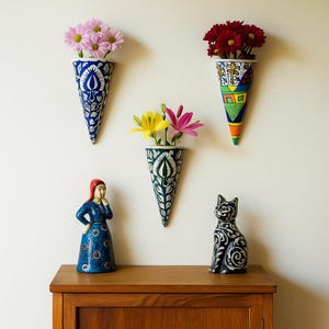 Ceramic Wall Planter – Hand Painted Pot for Indoor/Outdoor Use |  Boho Wall Decor | Hanging Pottery Wall Planter | Large Cone wall Planter