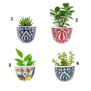 Op de afbeelding: Vier kleine keramische plantenbakken met verschillende planten. De plantenbakken hebben unieke ontwerpen: blauw en wit bloemen, rood en wit bloemen, kleurrijke huizen en blauw en wit bloemen. Elke plantenbak is gevuld met een ander soort groen.