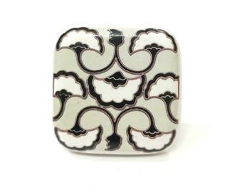 Handmade Ceramic Cabinet Knob: Black & White Floral Design, 2.0”