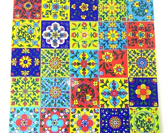 Azulejos de cerámica india pintados a mano, colores surtidos (2 x 2 pulgadas)