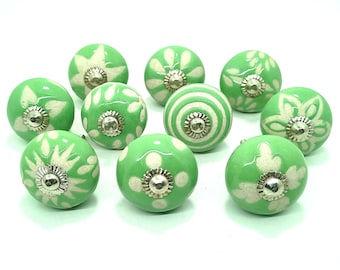 Handmade Green Ceramic Knobs, Handpainted Cabinet Hardware