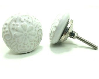 Bouton en céramique à fleurs blanches peintes à la main, quincaillerie pour armoire