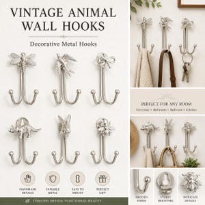Animal & Bow Silver Wall Hooks | Vintage Home Decor, 5 Inch