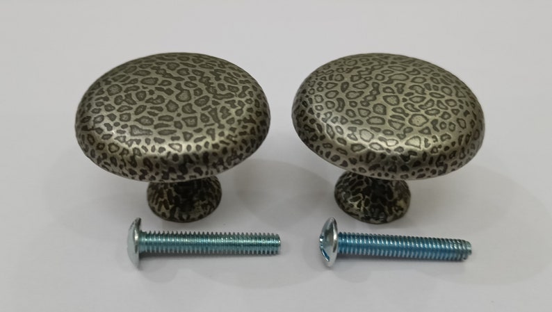 Pu&ograve; includere: Due pomelli per mobili in argento con un design a stampa leopardata e due viti.