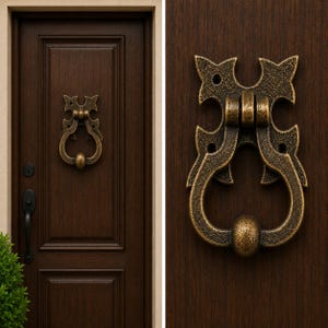 May include: A dark brown wooden door featuring a textured, antique brass-coloured metal door knocker with a decorative, ornate backplate and a rounded, drop-shaped handle. The door also includes a black handle and a matching black deadbolt lock.