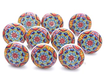 Colorful Mandala Ceramic Knobs, Handmade Cabinet Drawer Pulls