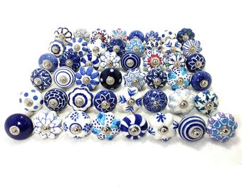 Handgeschilderde blauwe keramische knoppen, keukenkasthardware