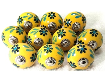 Handpainted Mango Yellow Ceramic Knob, Floral Cabinet Hardware