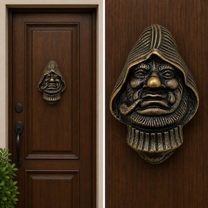 May include: A bronze-toned metal door knocker shaped like a hooded figure with a prominent nose, a textured beard, and a pipe held in the mouth. The knocker is mounted on a dark brown wooden door with a vertical panel design and a black handle.