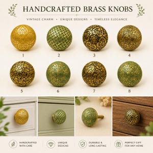 May include: Handcrafted brass knobs with vintage charm and unique designs. The image displays eight decorative knobs in various patterns and colors, including gold and green. The knobs are shown individually and installed on furniture. The text reads "Handcrafted Brass Knobs."