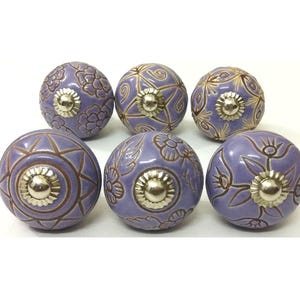 Handmade Purple Ceramic Knob - Vintage Floral Cabinet Drawer Pull
