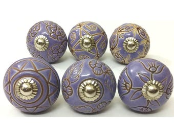 Handmade Purple Ceramic Knob - Vintage Floral Cabinet Drawer Pull