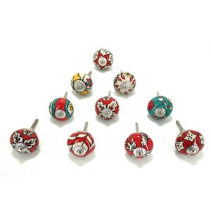 Hand-Painted Red Floral Ceramic Knob, Cabinet Drawer Pull