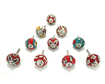 Hand-Painted Red Floral Ceramic Knob, Cabinet Drawer Pull