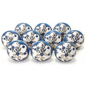 Pomos de cerámica con motivos florales azules, tiradores de cajón hechos a mano