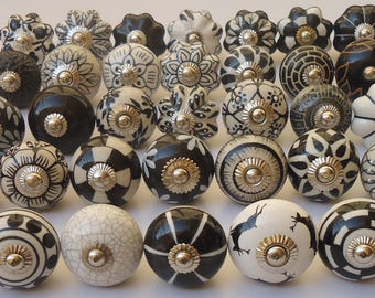 Black and White (Off White) Assorted Ceramic Knobs Handpainted Ceramic Door Knobs Kitchen Cabinet Drawer Puller Pull Furniture Cabinet Knobs