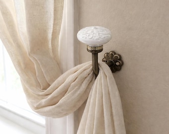 White Embossed Ceramic Curtain Tieback Hook, Elegant Wall Mounted Drapery Holdback, Decorative Curtain Hardware