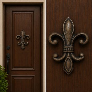 Pode incluir: Uma porta de madeira castanho-escura com um emblema de flor-de-lis em tom de bronze ao centro. A porta tem um design de painéis retangulares, um puxador preto e uma fechadura a condizer. A flor-de-lis tem um acabamento metálico desgastado.