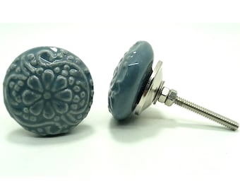 Handgemachte Graue Keramik Knäufe, Vintage Floral Hardware