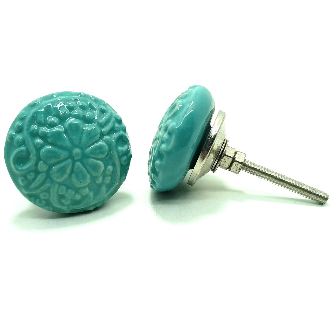 Turquoise Ceramic Knob, Vintage Floral Cabinet Hardware - Etsy