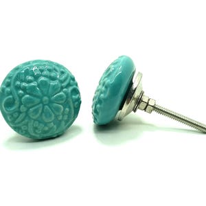 Bouton en céramique turquoise, matériel d'armoire floral vintage