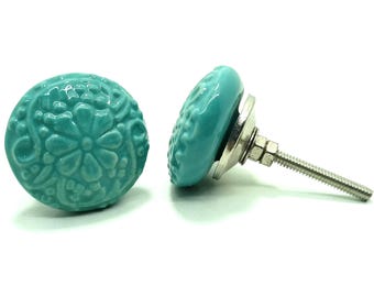 Turquoise Ceramic Knob, Vintage Floral Cabinet Hardware