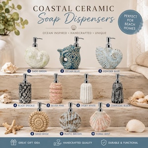 May include: Ten ceramic soap dispensers with silver pumps, labeled 1 through 10. Designs include a sage green shell, ocean blue fish, powder blue shell, black speckle, blush pink, ivory white, charcoal black, sand beige, rustic brown, and coral mint.