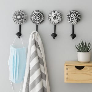 Black & White Ceramic Wall Hooks – Decorative Coat, Towel, and Mask Hangers – Rustic Boho Home Decor