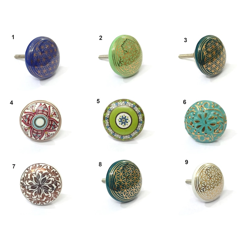 Handmade Golden Ceramic Knobs, Decorative Cabinet Hardware (Set of 10) Mix All Designs