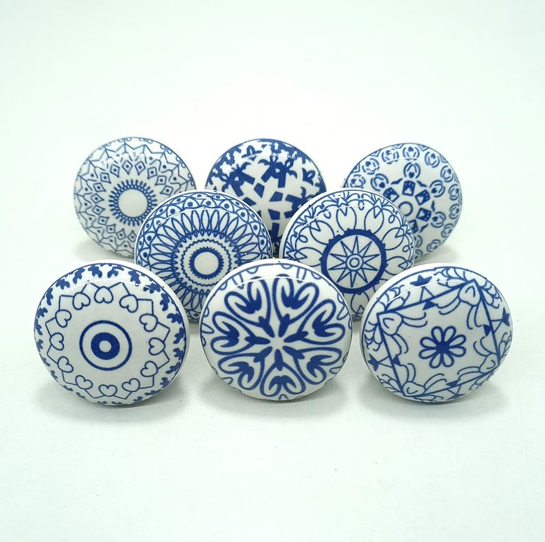 Handmade Green & White Ceramic Knobs, Kitchen Cabinet Hardware Blue