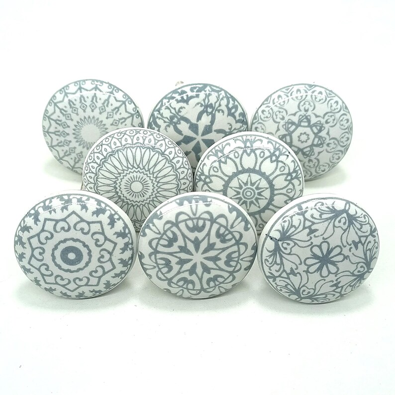 Handmade Green & White Ceramic Knobs, Kitchen Cabinet Hardware Gray
