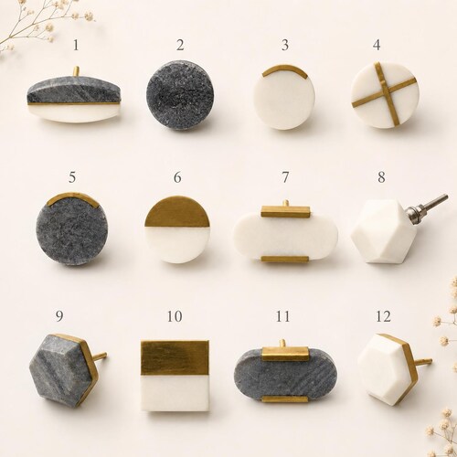 Handmade Marble & Brass Knobs, Decorative Drawer Pulls
