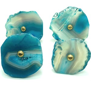 Blue Agate Stone Knobs, Brass Drawer Pulls - Set of 4 image 2