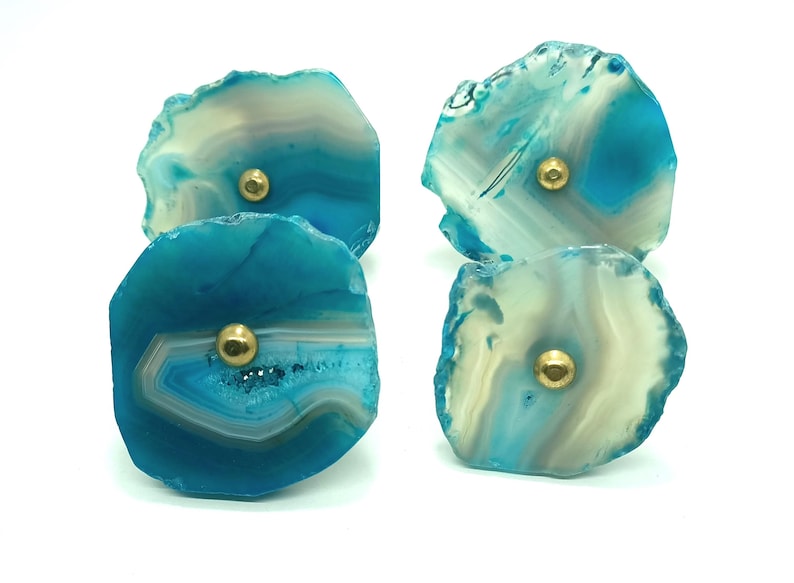Blue Agate Stone Knobs, Brass Drawer Pulls - Set of 4 image 2