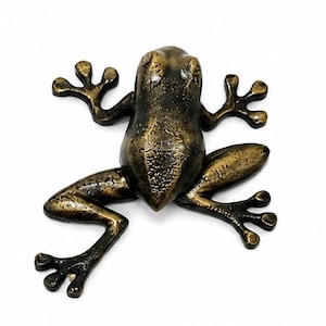 Puede incluir: Una figura de rana de metal color bronce con un acabado texturizado y desgastado. La rana se muestra en una posici&oacute;n plana y extendida con cuatro patas abiertas, dedos visibles y un dorso liso y redondeado con una p&aacute;tina oscura y dorada.