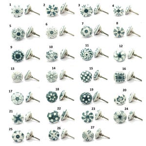 Hand-Painted Ceramic Floral Knobs, Grey and White, Furniture Hardware
