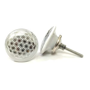 White Ceramic Drawer Knob, Geometric Silver Design, Handmade Furniture Knob