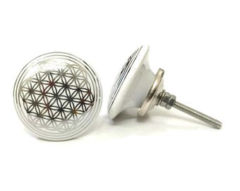 Bouton de tiroir en céramique blanche, motif géométrique argenté, bouton de meuble fait main