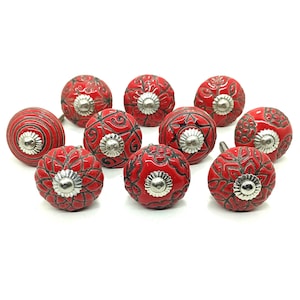 Red Ceramic Knobs, Vintage Style Drawer Pulls