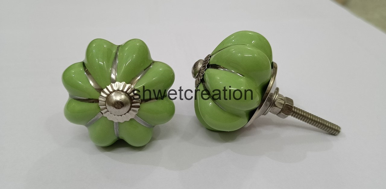 Grün Farbe Silber Streifen Kürbis Keramik Knäufe Handbemalte | Etsy