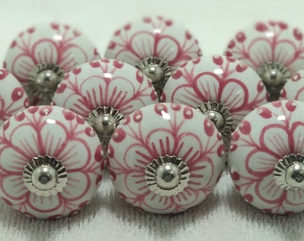 Pink Color Flower Design Handpainted emboss (dotted) Ceramic Knobs Kitchen Cabinet Drawer Knobs Ceramic Door Knobs Cabinet Knobs