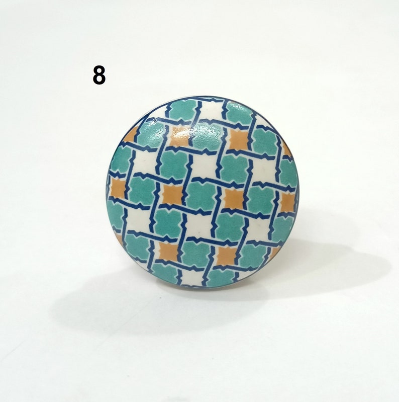 Może przedstawiać: Okrągła ceramiczna gałka do szafki z geometrycznym wzorem. Wz&oacute;r przedstawia powtarzający się wz&oacute;r turkusowych, białych i pomarańczowych kształt&oacute;w, obrysowanych ciemnoniebieskim kolorem. W lewym g&oacute;rnym rogu widoczna jest cyfra "8".