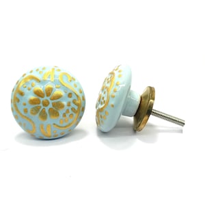 Light Sky Blue Golden Ceramic Knobs Kitchen Cabinet Drawer Knobs Hand Painted Knobs Hardware Knobs Cabinet Knobs Ceramic Door Knobs