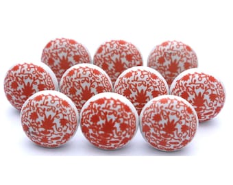 Perillas de cerámica rojas y blancas hechas a mano: tiradores para gabinetes y cajones