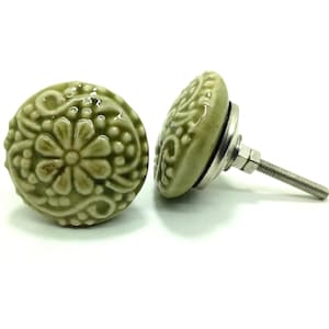 Olive Green Ceramic Knobs, Vintage Floral Cabinet Hardware