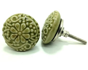 Olijfgroene keramische knoppen, vintage bloemen kastbeslag
