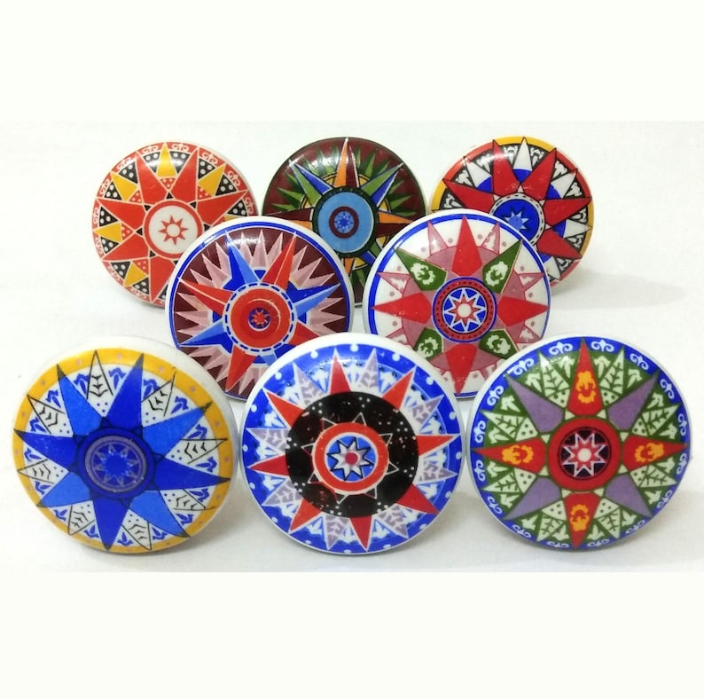 Handmade Ceramic Knobs: MultiColor Starburst, Cabinet & Drawer Hardware image 1