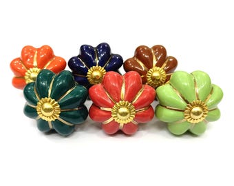 Hand-Painted Ceramic Pumpkin Knob, Multi-Color Golden Stripe