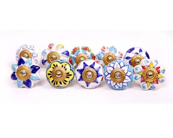 Hand Painted Ceramic Knobs, Blue and White Floral Drawer Pulls