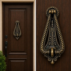 May include: A dark brown wooden door featuring a decorative, antique brass-toned metal door knocker with a rope-like frame and intricate leaf-inspired detailing. The knocker has a teardrop shape and a textured, weathered finish throughout.